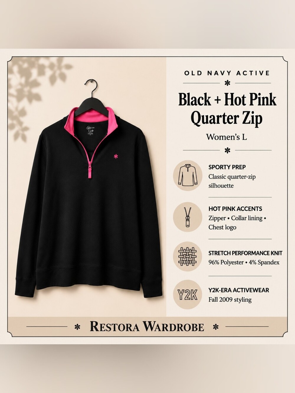 Old Navy Active Y2K Sporty Prep Quarter Zip Pullover Black Pink L